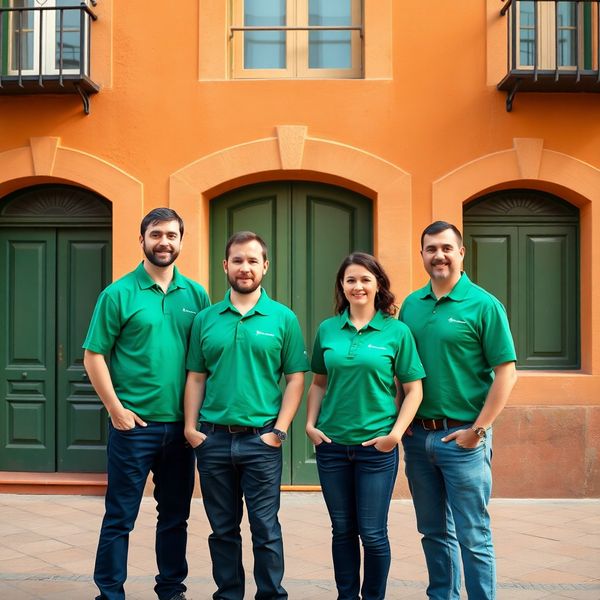 Equipo de técnicos de Casa Flores frente a una fachada valenciana